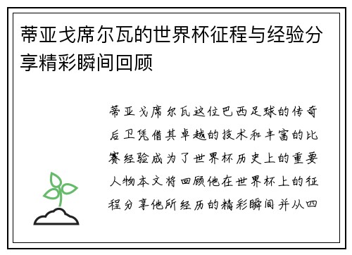 蒂亚戈席尔瓦的世界杯征程与经验分享精彩瞬间回顾