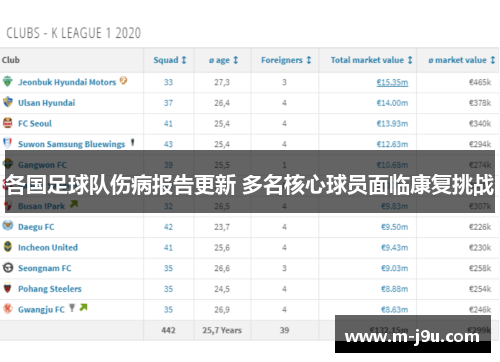 各国足球队伤病报告更新 多名核心球员面临康复挑战