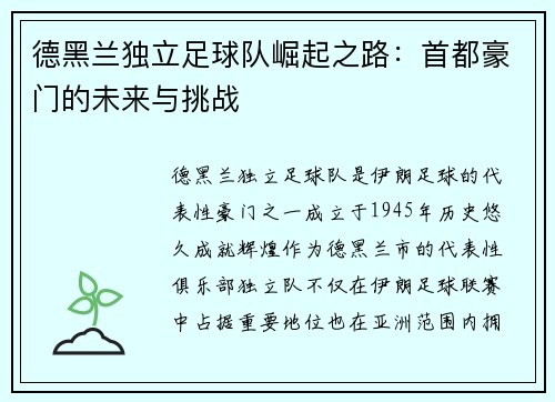 德黑兰独立足球队崛起之路：首都豪门的未来与挑战