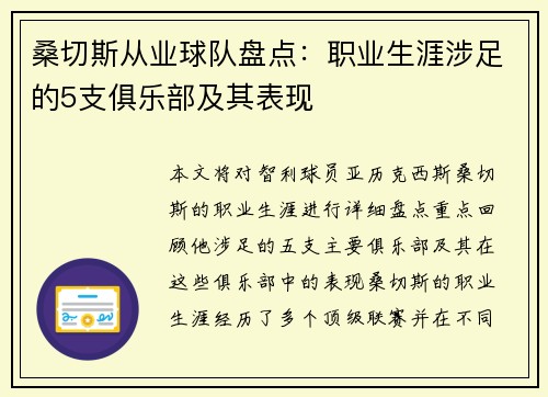 桑切斯从业球队盘点：职业生涯涉足的5支俱乐部及其表现